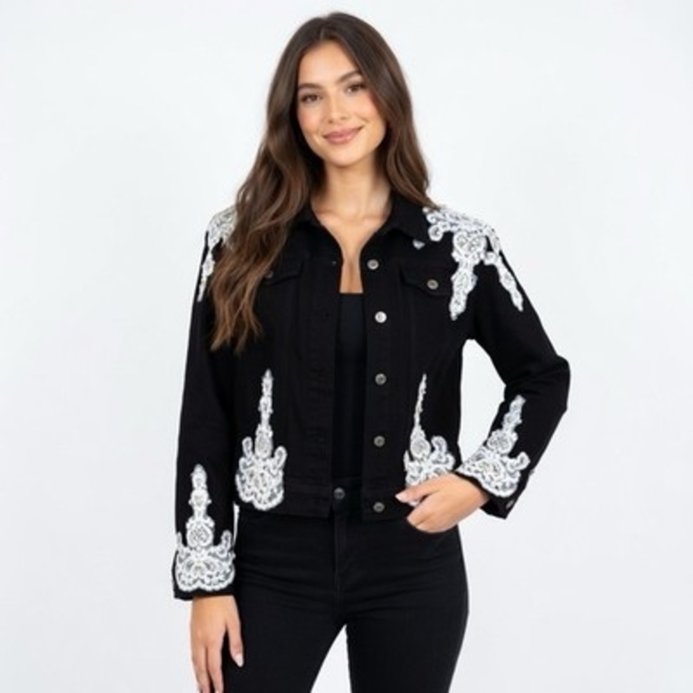 Vintage Rafaella Black Denim Jacket Sz 10 Lace Bead Sequin Trim Button Custom VG